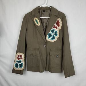 Aziz Womens Olive Cotton Embroidered Flap Pockets One Button Blazer‎ Jacket Sz L